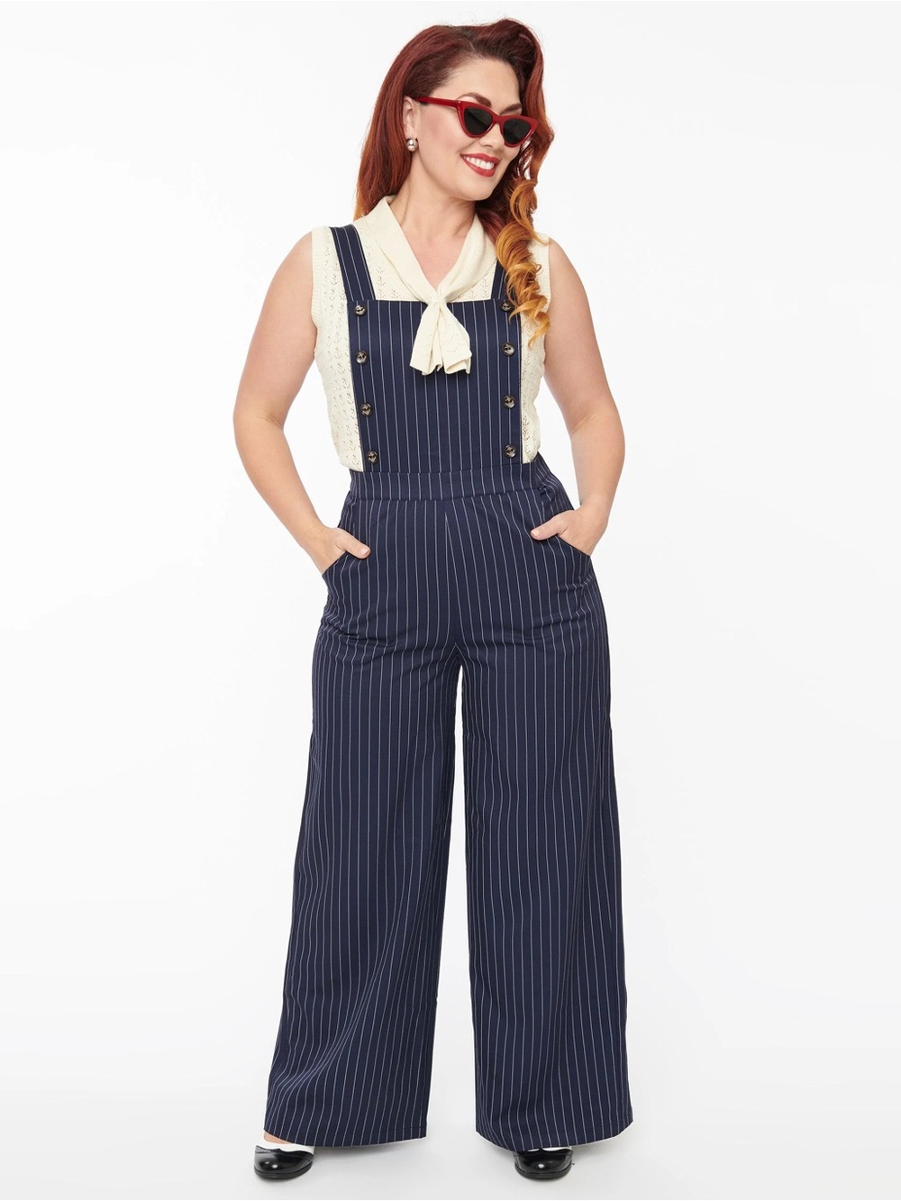 Unique Vintage Navy Pinstripe Wide-Leg Overalls
